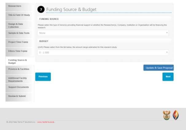 Step 7 Funding Source & Budget This step allows you to specify the donor providing financial support for your study and the estimated