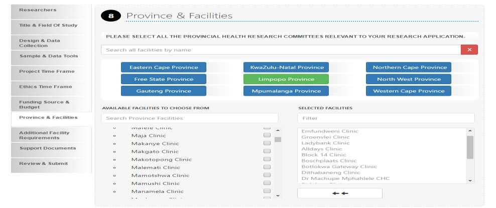 Step 8 Province & Facilities This step allows you to apply to more than one Province instead of having to create many proposals. Steps involved in this Step are: 1. Select the Province 2.