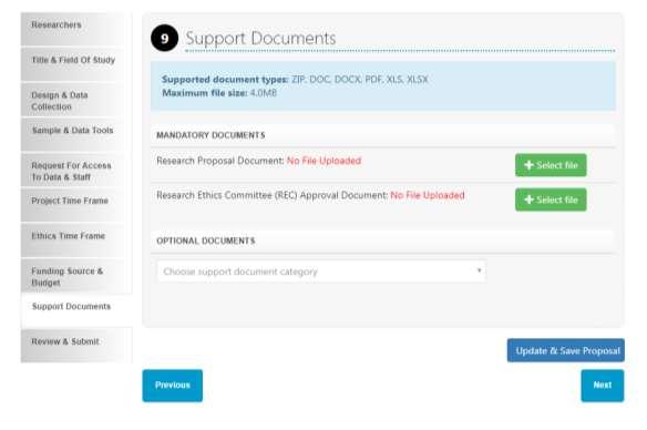 Step 9 Support Documents This step requires you to upload all the supporting documents for