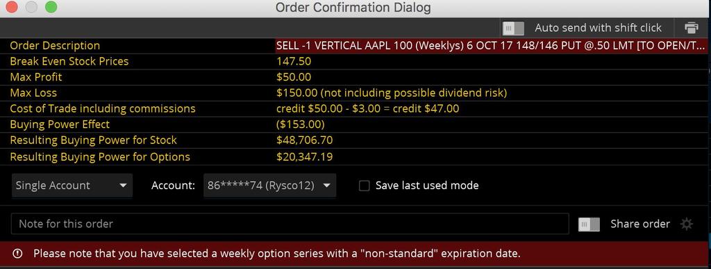 that I collected to put the trade on). The $150 is the most I can lose on the trade. With us risking $150 to make $50 it will leave us with a 3:1 risk to reward scenario.
