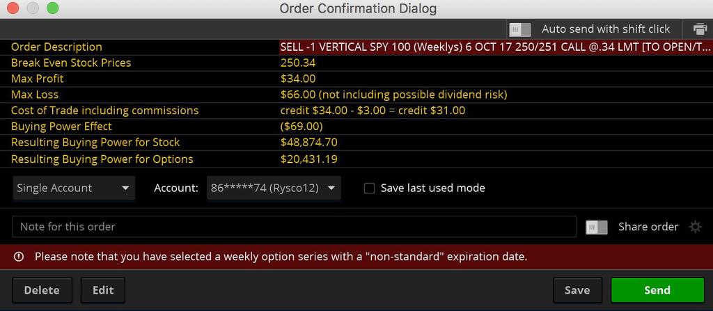I collected to put the trade on). The $66 is the most I can lose on the trade. With us risking $66 to make $34 it will leave us with a 2:1 risk to reward scenario.