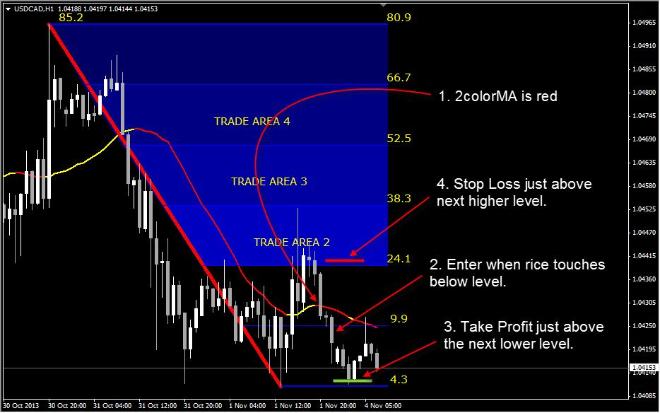 Short Example 2: 1. The 2ColorMA must be red. 2. The price on the chart must touch a few pips below the closest level. 3.
