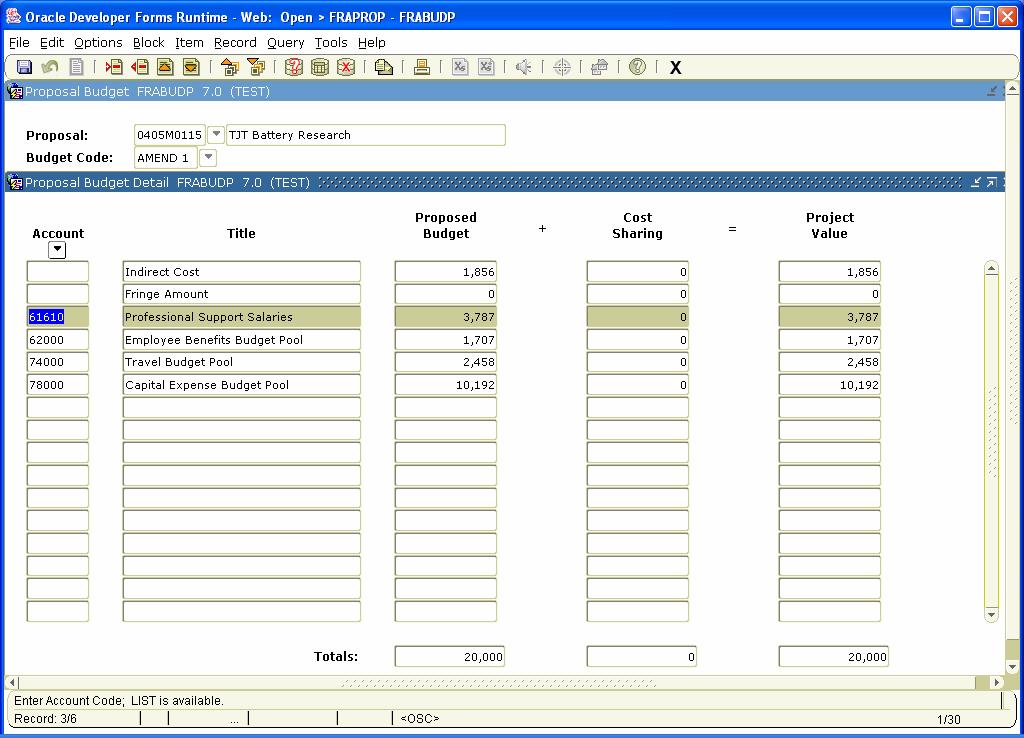 Budget Detail Information The Proposal Budget Detail window allows you to add budget line items.