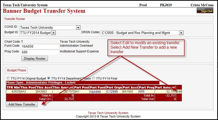 When viewing the roster you may either select Edit to edit an existing entry or Add New Transfer to add a new entry. The TFR Nbr is a system generated number assigned to each transfer.