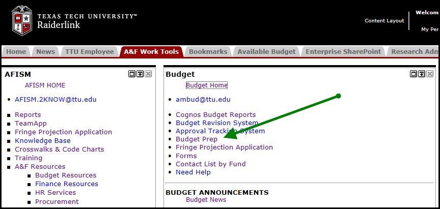 The Budget Prep link will take you to the Budget Prep Menu where the prep modules may be accessed.