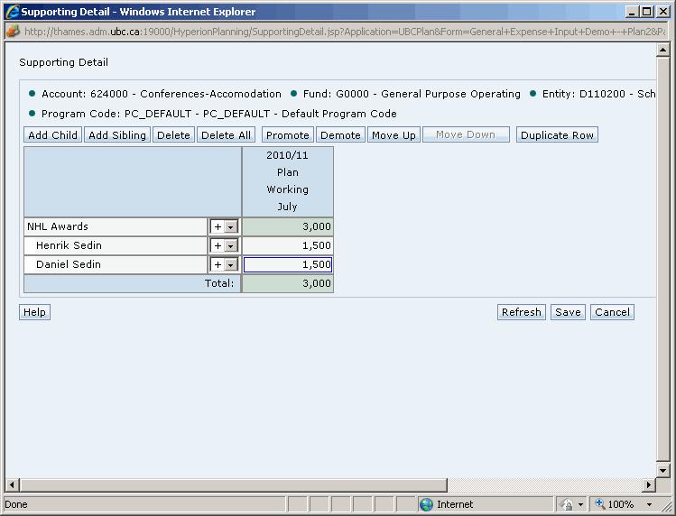 Campus-Wide Budgeting System Tutorial / 37 j. Click in the cell NHL Awards and then click Add Sibling.