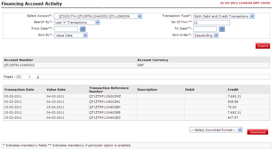 Financing Account Activity Sort By Sort Order [Mandatory, Drop-Down] Select the type of sorting from this drop-down list.