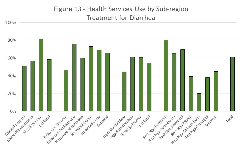 Again, substantial variation exists, with Mitsamihouli, Tsoudjini, Mbeni, Domoni, and Bambao showing lower use of health services for this condition,