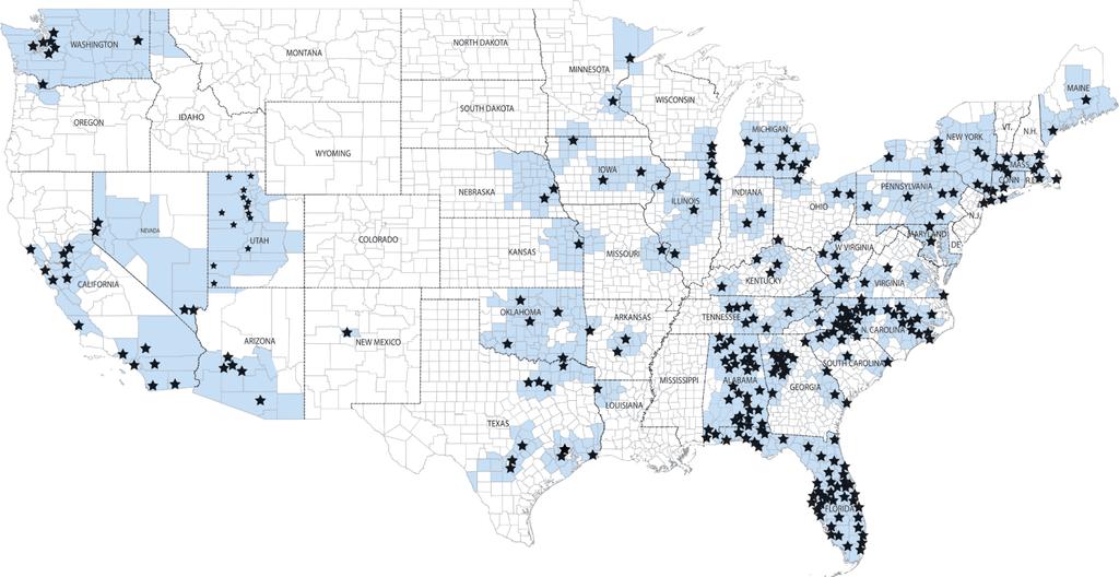 National Network More than 300 offices covering markets (in blue) in 36 states, from which Gentiva delivers home health, specialty, hospice and/or related services directly to patients, typically