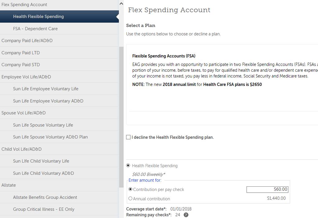 FLEXIBLE SPENDING ACCOUNT (FSA) MEDICAL This section is to set up a Flexible Spending Account (FSA) to pay for eligible medical expenses Decline this coverage if you: w To Enroll: Enrolled in a high