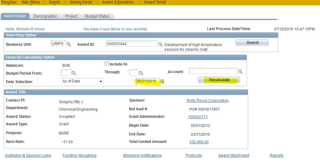The Budget Status tab shows budgets, expenditures, encumbrances, and pre-encumbrances by budget item. The data on this page is populated nightly and is not taken from Commitment Control.