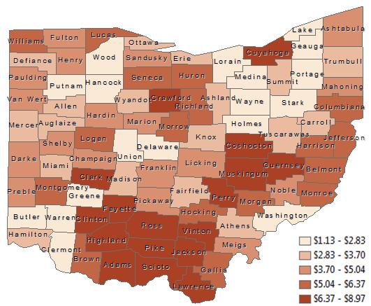 Map 7 New Local Managed Care Tax Revenue due Expansion Relative to the Number of 18-64 Year Olds People in Each County in 2015 (dollars/person)