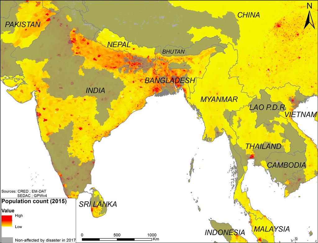 Map 1 Population and administrative zones affected by natural disasters in South and South- East Asian region Flooding in India, Nepal, and Bangladesh reportedly affected almost 27 million people,