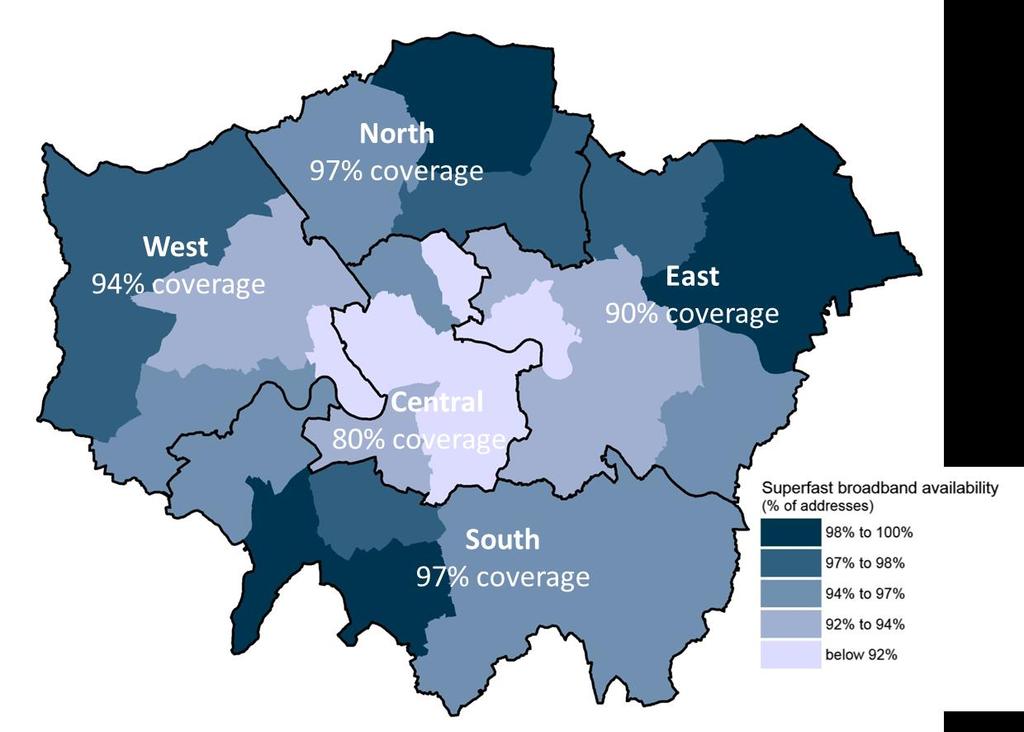 Central London has the worst superfast broadband coverage in London Availability of superfast broadband in London has improved substantially in the past year. In 2013, 89.