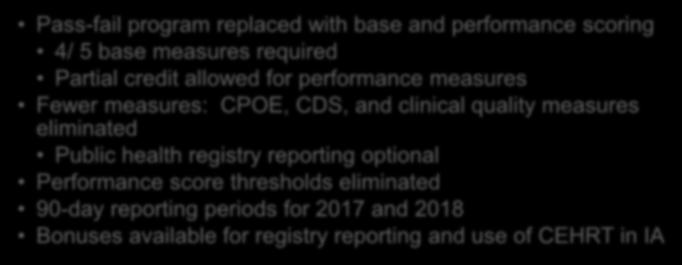 Partial credit allowed for performance measures Fewer measures: CPOE, CDS, and clinical quality measures