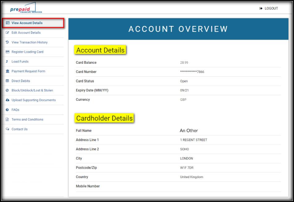 7 View Account Details 7 Once logged in, the cardholder will be brought to the account details page.
