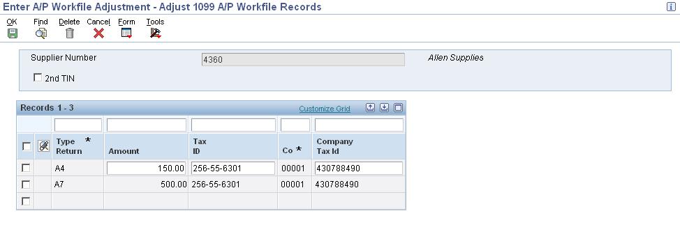 Chapter 5 Using the A/P Ledger Method 7: Parent number (PA8). Adjusting Records in the 1099 A/P Worktable Access the Adjust 1099 A/P Workfile Records form.