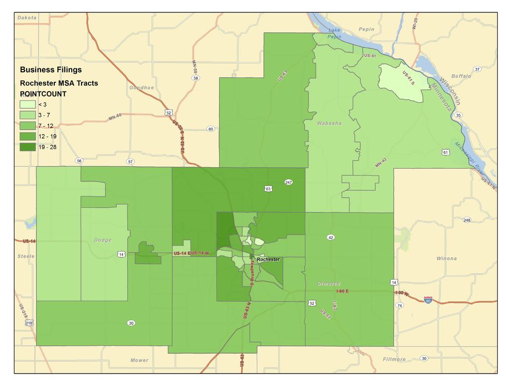 Business Filings The map below highlights new business formation by census tract in this year s first quarter in the Rochester Metropolitan Statistical Area (MSA).
