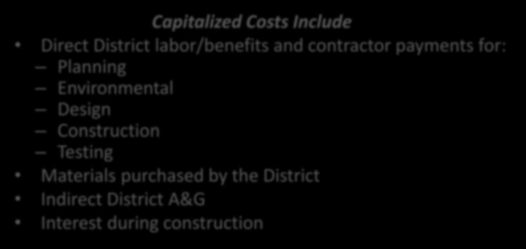 Construction Work in Progress (CWIP) Capitalized Costs Include Direct District labor/benefits and contractor payments for: