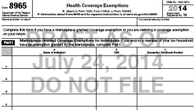 IRS Exemption Form (Form 8965) Top half of form