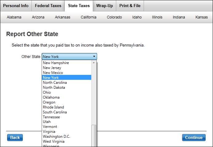 4) On Other State or Country screen, click Another State button. 5) On the Report Other State screen, choose the other state in the drop down list and click Continue.