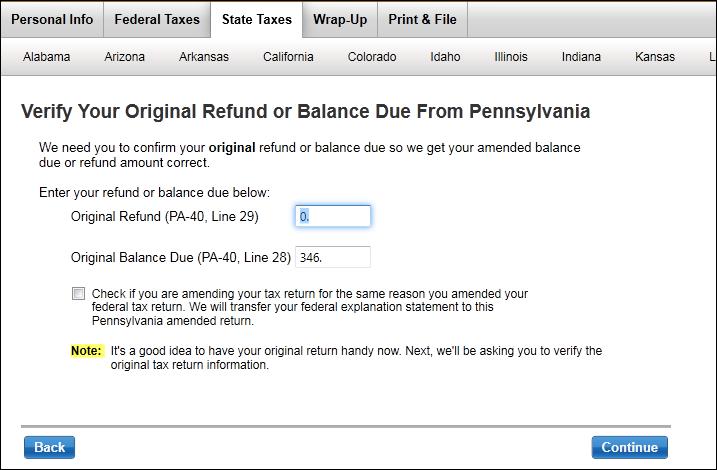 7) On the Change a Previously Filed Pennsylvania Return screen, click Yes.