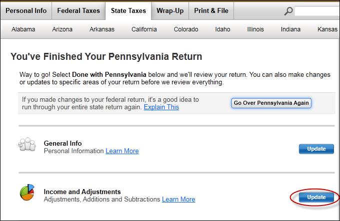1) On the You ve Finished Your Pennsylvania Return screen, click Update button on Income and