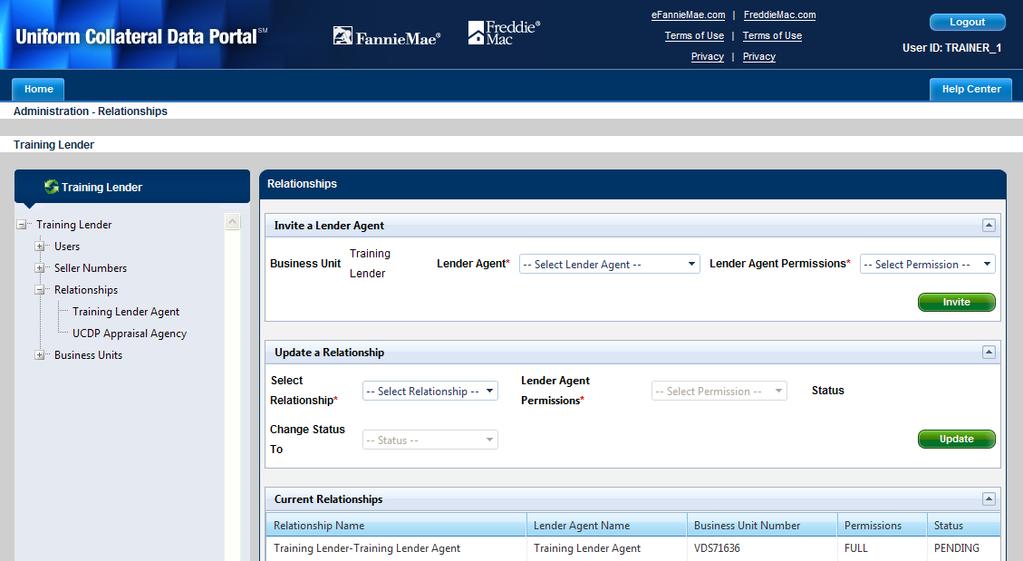 Inviting a Lender Agent After you select Relationships from the left navigation bar, the Administration - Relationships page appears.