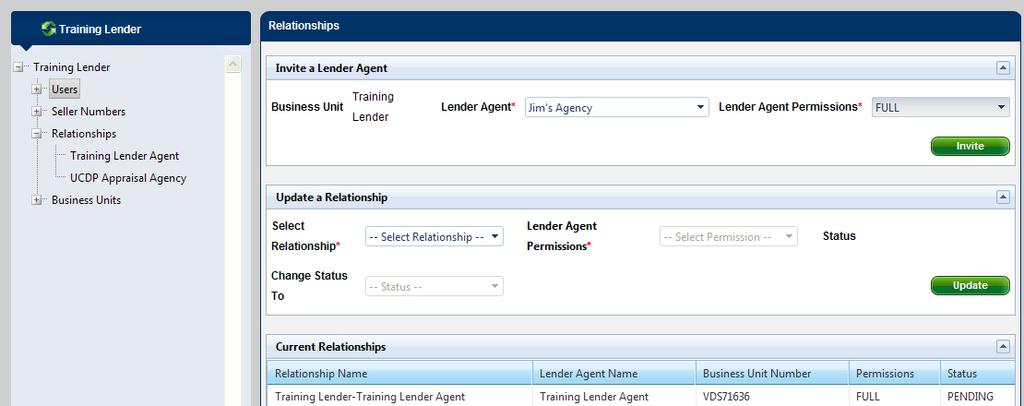 From the Administration - Relationships page, select the: Lender agent you wish to invite from the Lender Agent dropdown.
