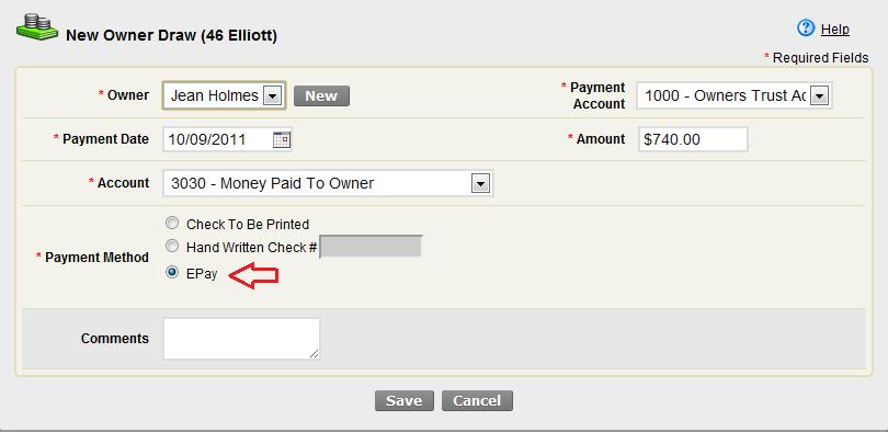 Page 14 Or if you are creating individual Owner draws, epay will be checked as the Payment Method on the New Owner Draw screen for any Owner Contact that has E-Check selected as the Draw Payment