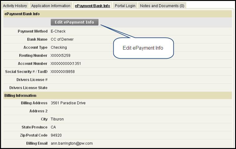 If you are editing the existing epayment information, the bank account number or credit card number will be required to