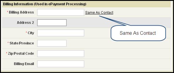 Page 20 For the Billing Address, the Same As Contact link can be used to auto-populate the billing address from the tenant/owner contact.