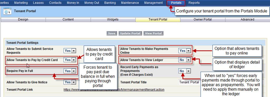 Page 24 Configuring Your Tenant Portal You can view or modify your tenant portal from the Portals module.