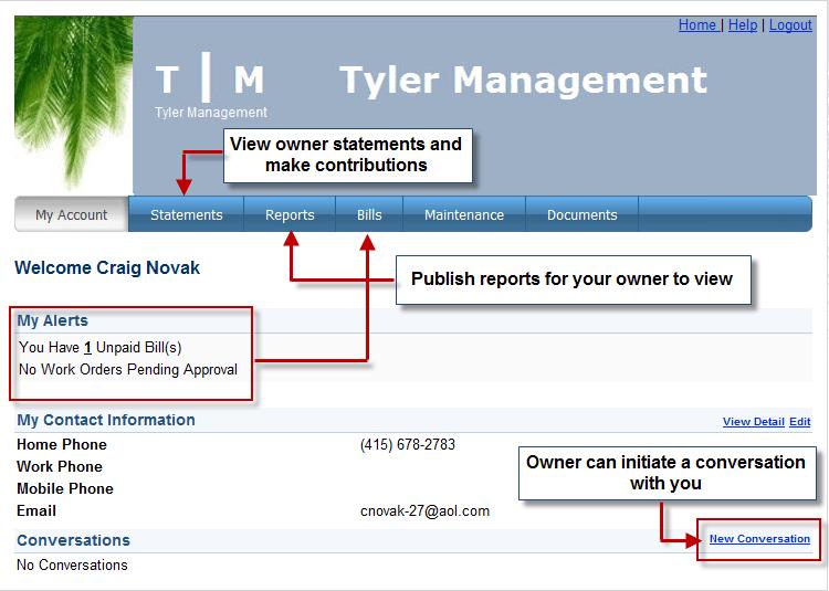 Page 28 The Owner Portal Whenever portal access is enabled for an owner, that owner is sent an email with login information and a password.