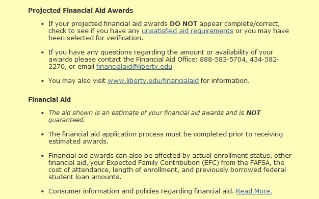 Estimated financial aid elements will display in