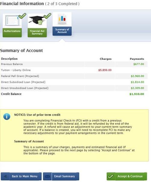 Example #3: Summary of account with a credit from a previous semester.