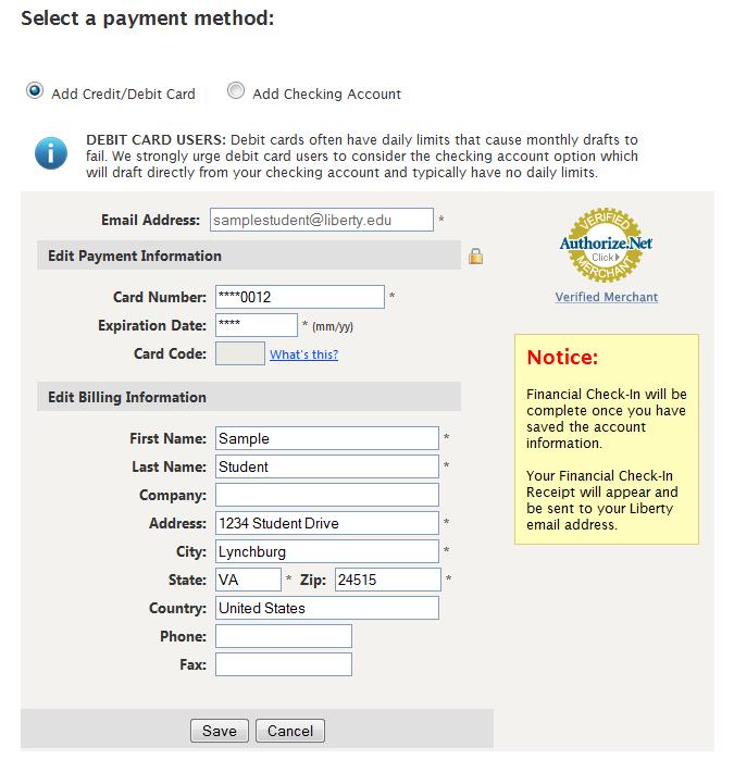 Sample: Adding a Credit/Debit Card Enter in payment and billing information