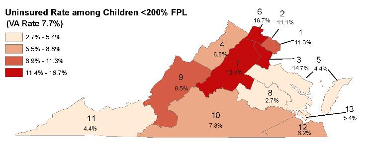 Uninsured rate for Virginia children (0-18) with family income below 200% of the FPL in 2016, by Region by Victoria