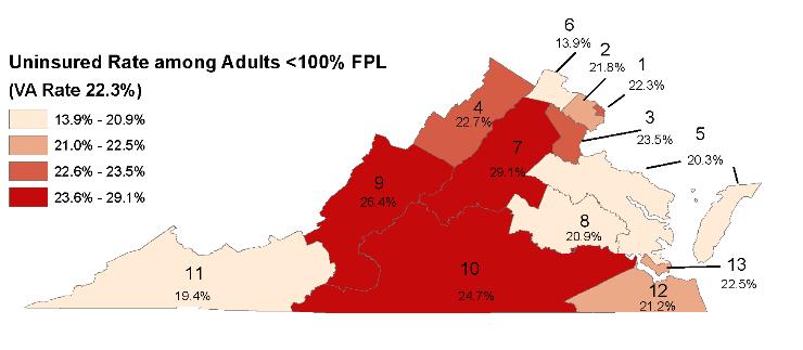 Uninsured rate for adult Virginians (19-64) with family income below 100% of the FPL in 2016, by Region by Victoria