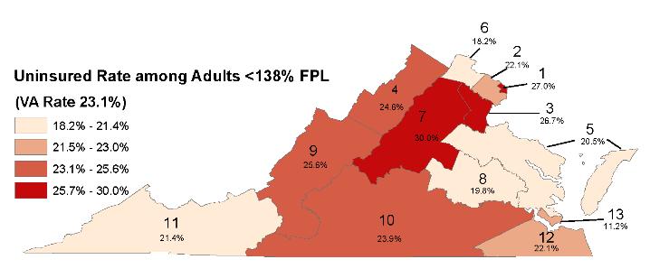 Uninsured rate for adult Virginians (19-64) with family income below 138% of the FPL in 2016, by Region by Victoria