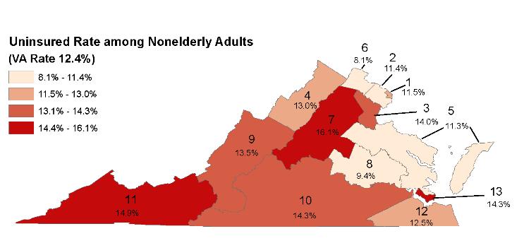 Uninsured rate for nonelderly adult Virginians (19-64) in 2016, by Region by Victoria Lynch under a