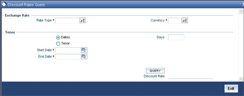 3.4.2 Querying Discount Rates While processing a contract that involves discount rates, you can query the discount rates applicable to a Currency and Rate Type combination for a specific period using