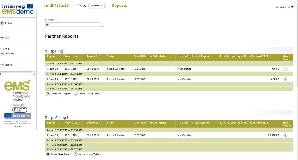 Figure 2: FLC users can use the dashboard to access projects Alternatively, FLC users can also access projects via the my project partners table under the FLC item in