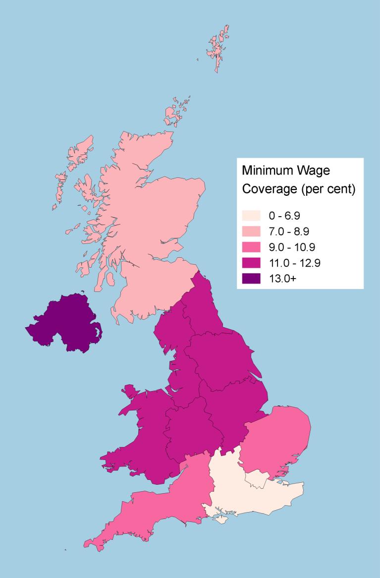 Coverage varies between regions and nations With the 2018 upratings, coverage of the minimum wage will range from 5.2% in London to 14.2% in Northern Ireland.