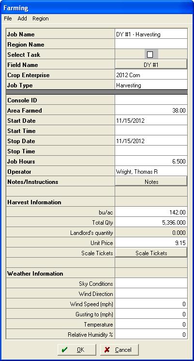 Field Required? Description Harvest Date (Start Date) This date comes from any Harvest farming operations entered into the program for the particular field and enterprise.