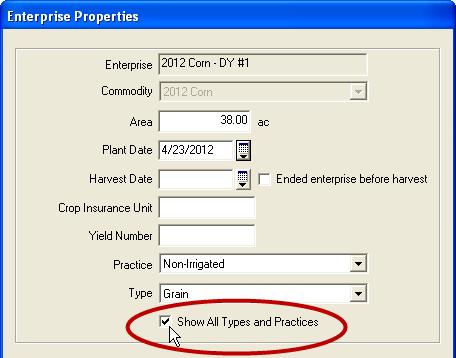 Show All Types and Practices checkbox to show all items