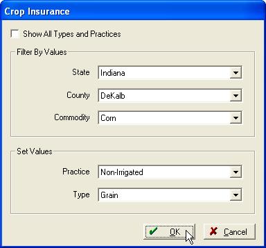 If you want to assign the Practice and Type to all of the fields with a selected Commodity, State, or County: 1. Select Fill / Fill All Values. 2.
