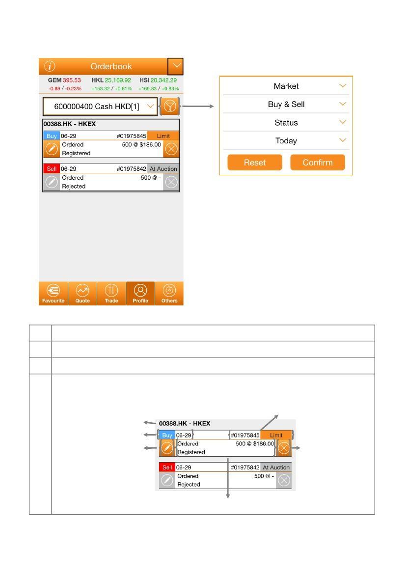 Profile - I Apply filter to view order in different Market, Buy/Sell type, status (e.g.