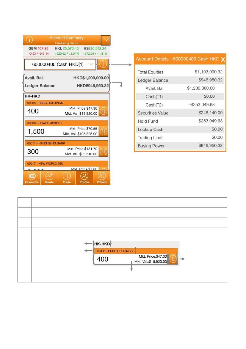 Profile - II Balances Account Details Change between Orderbook (previous page, Profile - I) and Account Summary Select account Holding information Market