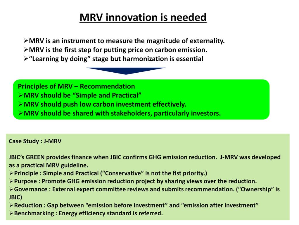 Investors and technology providers ask for transparency of MRV process and predictability of the measurement outcome by MRV.